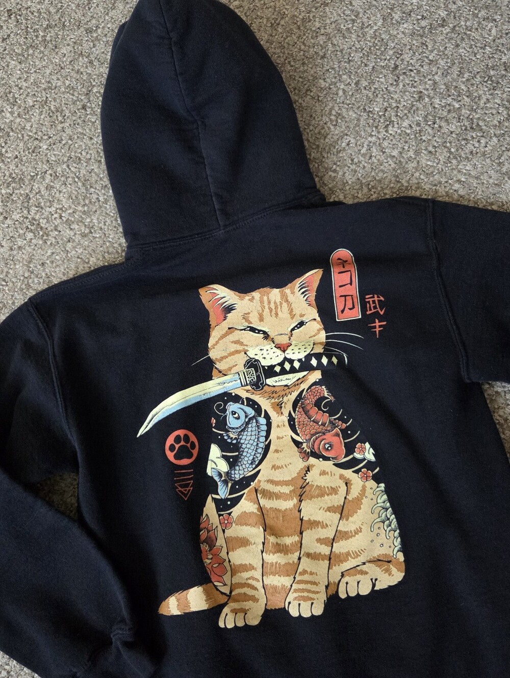 Samurai Cat Catana Hoodie S Black Japanese Koi Animecore Manga Streetwear Y2K‎